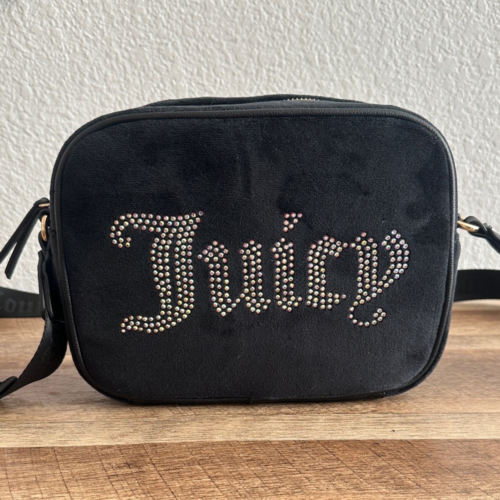 Juicy Couture Black Velour Crossbody Bag with Rhinestone Silver Logo